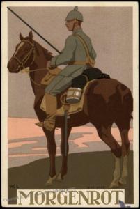 Germany 1914 WWI Patriotic Artist Card Dawn Cavalry Patrol Red Cross Augsb 74378