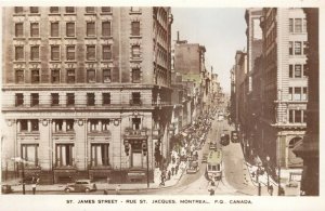 Hand-Colored RPPC; St James Street, rue St. Jacques Montreal PQ Canada Trolley