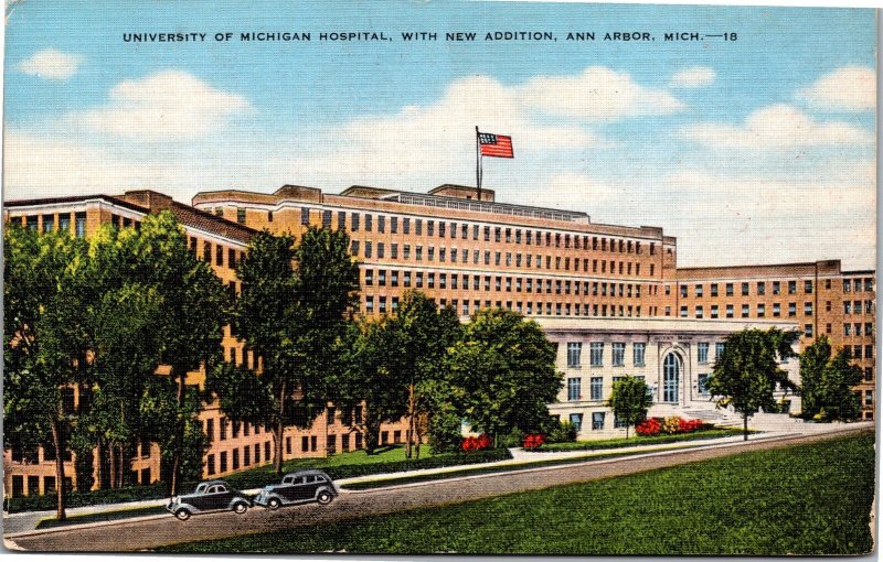 Postcard MI Ann Arbor University Michigan Hospital with New Addition