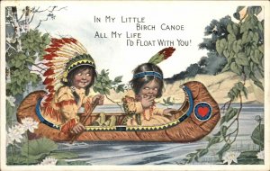 Cute Kids Native American Indians Birch Canoe Series 1035 c1915 Postcard
