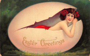 Easter Greetings Beautiful Woman Popping Out Of Egg Shell, Vintage PC U18080