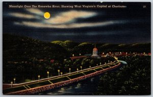 Vtg Charleston West Virginia WV Moonlight Over Kanawha River Capitol Postcard