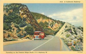 California Bus traveling Famous Ridge US Hwy 99 Teich 1940s Postcard 21-11090