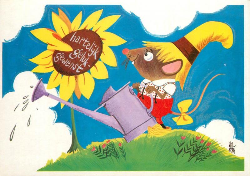 Postcard Netherland artist Ontwerp Will Berg Dutch Mouse Caricature sun-flower