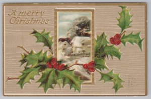 Holiday~Christmas~Houses in Winter~Holly~Vintage Postcard