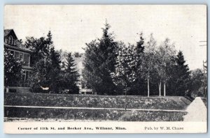 1918 Corner Of Eleventh St. & Becker Ave. Trees House Willmar Minnesota Postcard