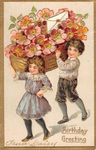 Birthday Greeting Children Carrying Flower Basket Antique Postcard K61138