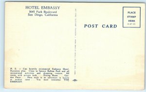 Hotel Embassy 3645 Park Boulevard San Diego California CA Vintage Postcard E11