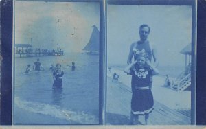 Split Photo at the Beach Ocean, Man and Child on Deck, Blue Tinted Postal Use...