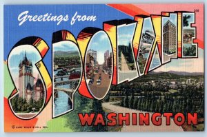 Spokane Washington WA Postcard Large Letter Greetings Landmarks c1940's Vintage