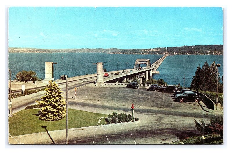 Lake Washington Floating Bridge Seattle Washington Postcard Old Cars