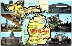 VINTAGE POSTCARD ANIMATED MAP OF MICHIGAN W/ MULTIPLE STATESIDE SCENES