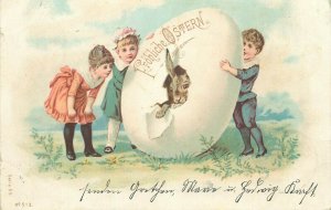 Chromo Litho 1902 Easter greetings fantasy postcard drawn children & rabbit egg 