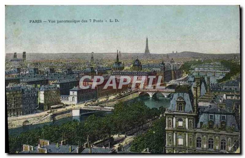 Postcard Old Paris Panoramic view of the 7 Bridges Eiffel Tower