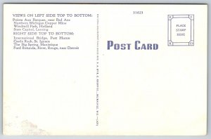 Michigan~State Map & Views~Windmill~Capitol~Bridge~Linen Postcard