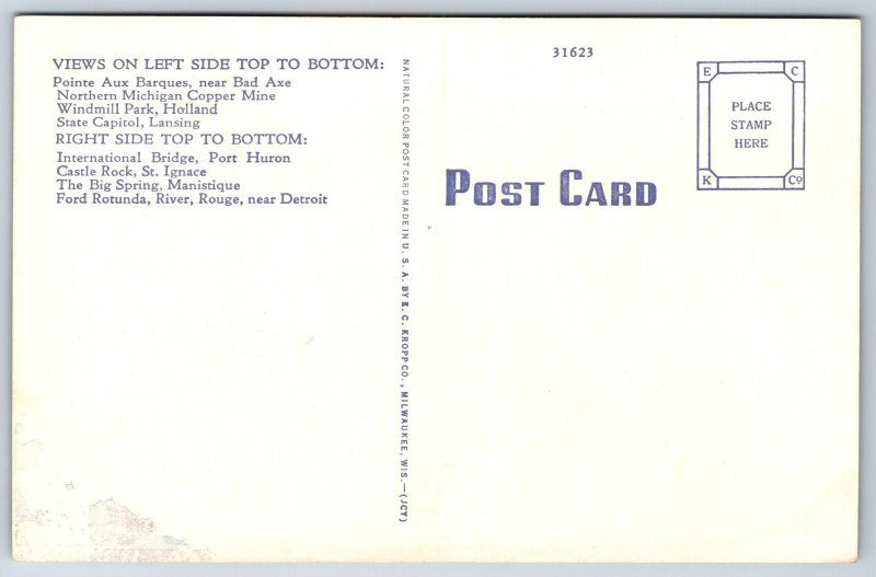 Michigan~State Map & Views~Windmill~Capitol~Bridge~Linen Postcard