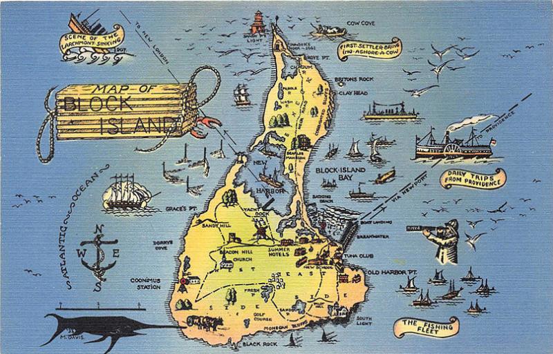 Block Island RI Map Linen Postcard