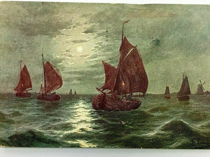 Sailboats in the Ocean in the Moonlight Vintage Postcard 1910