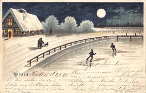 Novelty Moonlight Children Skate Snow 1902 Glow in the Dark postcard C360