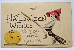 Halloween Postcard Fantasy Wall Hand Tinted Colored Witch Girl JOL Bat Bergman 