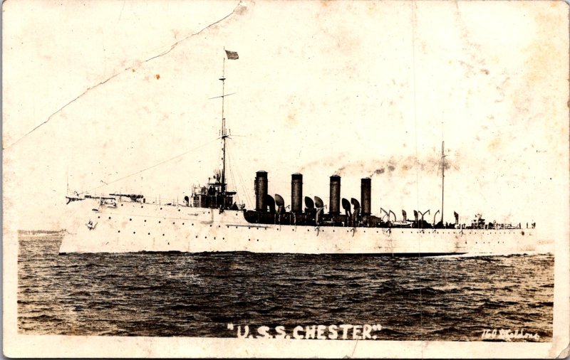 USS Chester US Navy Scout Cruiser 4 stack RPPC real photo early postcard