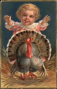 Thanksgiving Baby Chasing Turkey Gilt Embossed 1900s-20s Vintage Postcard