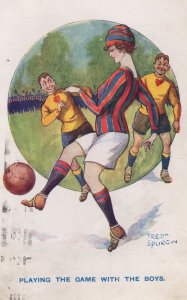 Fred Spurgin Playing The Game With The Boys Old Football Comic Postcard