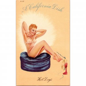 HOT DOGS - A California Dish - Vintage Pin-up Linen Postcard - Pretty Girl