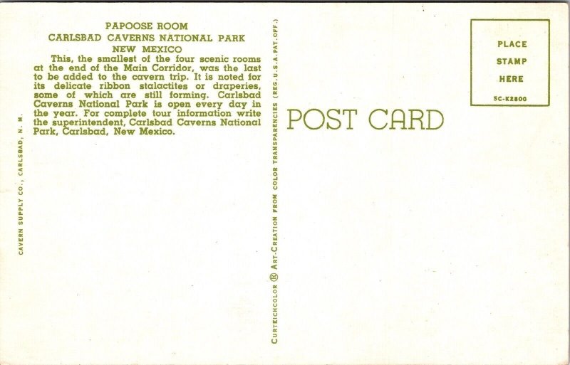 Papoose Room Carlsbad Caverns National Park New Mexico NM Postcard UNP VTG 