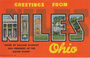 Greetings from Niles, Ohio - Home of Pres. William McKinley - Linen Large Letter