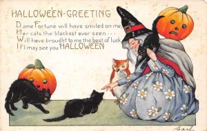 Hallowe'en Greeting Nice Witch W/ Black Cats, Owl, & Jack-O-Lanterns, Whitney Ma