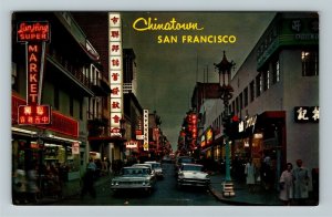 San Francisco CA-California Chinatown At Night Chrome Postcard 