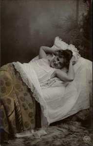 Beautiful Woman Young Lady in Bed Seductive Tinted Real Photo Vintage Postcard