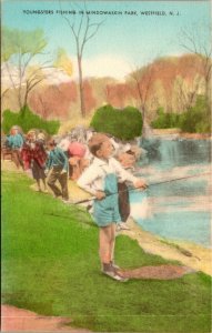 Vtg Westfield New Jersey NJ Children Fishing in Mindowaskin Park 1930s Postcard