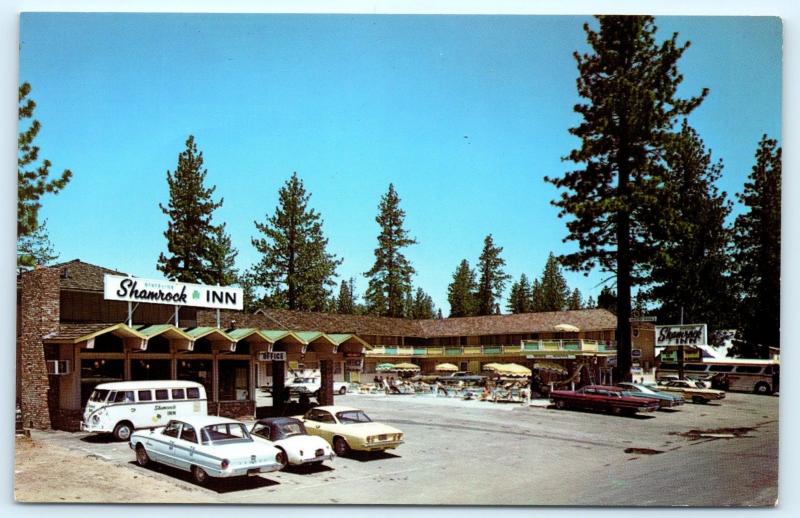 Postcard CA Lake Tahoe Shamrock Inn Hotel Vintage Cars D16