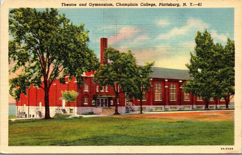 Vtg 1930s Champlain College Theatre & Gymnasium Plattsburg NY Linen Postcard