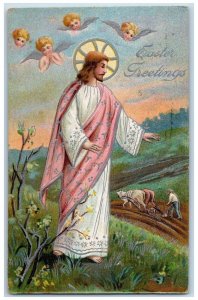 1910 Easter Greetings Jesus Angels Farmer Embossed Chicago Illinois IL Postcard