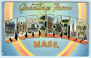 Large Letter Linen WORCESTER, MASSACHUSETTS - MA c1940s Tichnor Postcard