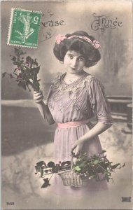 Early 1900s French RPPC Hand-Colored Real Photo Postcard - Lovely Lady Holly