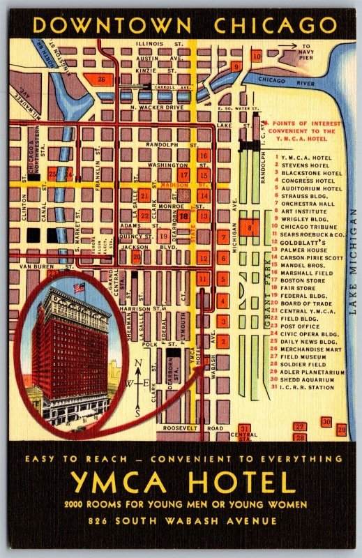 Vtg Chicago Illinois IL YMCA Hotel City Map Points Of Interest 1940s Postcard