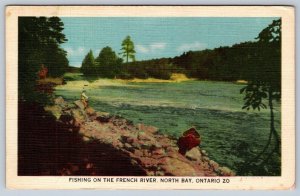 Fishing On The French River, North Bay, Ontario, Vintage 1949 Linen  Postcard