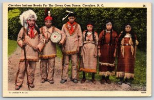 Cherokee North Carolina~Indians Ready for Green Corn Dance~Linen Postcard