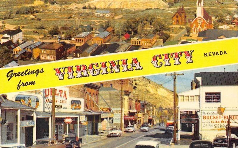 Virginia City NV Banner Greetings~Delta Saloon~Jeep~Aerial View 1968 