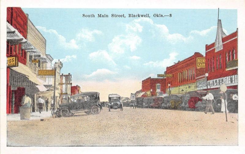 Oklahoma OK Postcard c1920 BLACKWELL South Main Street Stores Cars