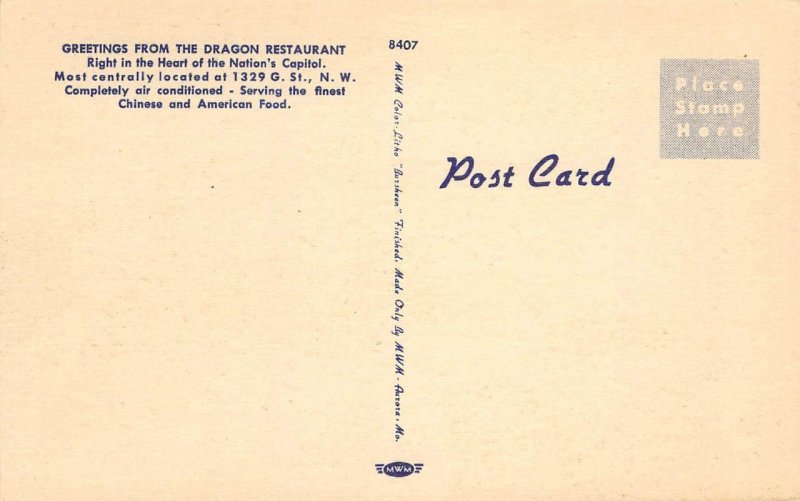 DRAGON RESTAURANT Chinese Food Washington, D.C. Roadside Linen c1940s Vintage