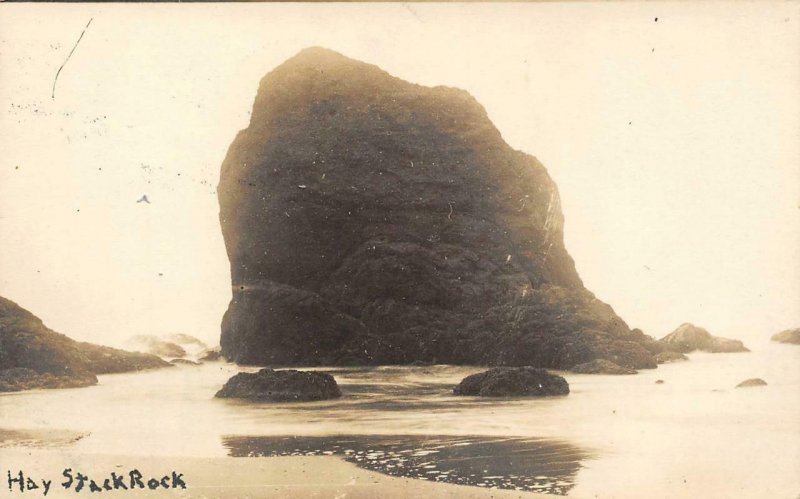 RPPC HAY STACK ROCK Cannon Beach, OR? Ilwaco, WA Cancel 1920 Vintage Postcard