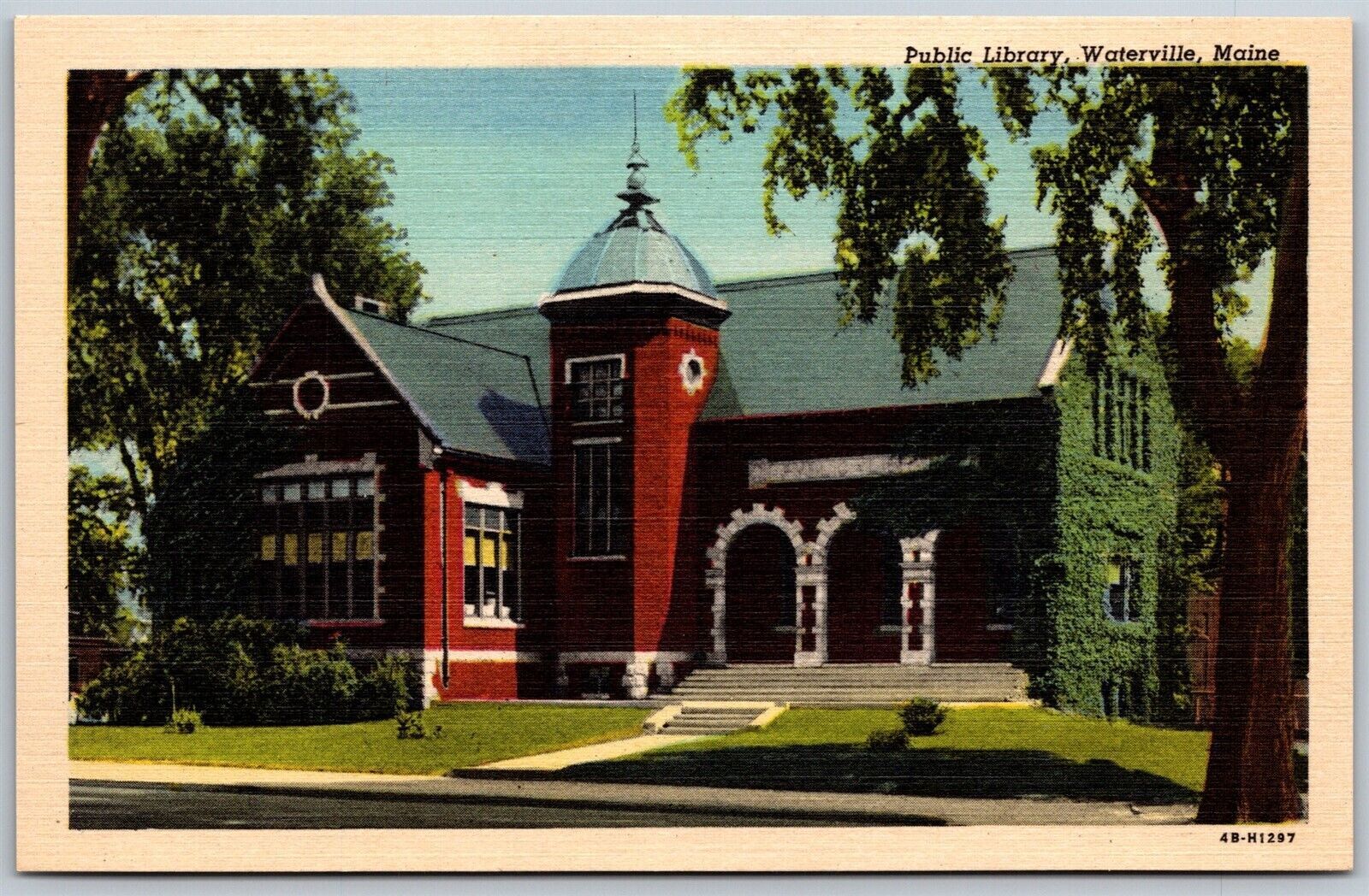 Vtg Waterville Maine ME Public Library Building 1940s Old Linen View