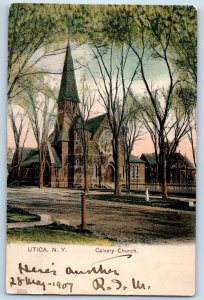 Utica New York NY Postcard Calvary Church Buildings Trees Exterior 1907 Antique