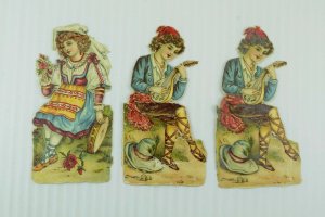 1880's-90's Victorian Die-Cut Lot Of 3 Children Tambourine Mandolin Fab! PD391