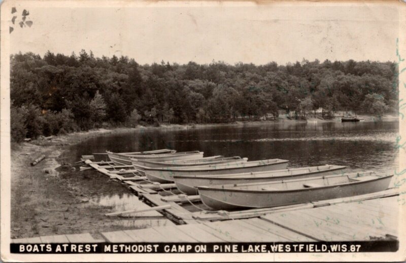 Real Photo Postcard Boats at Methodist Camp on Pine Lake in Westfield, Wisconsin